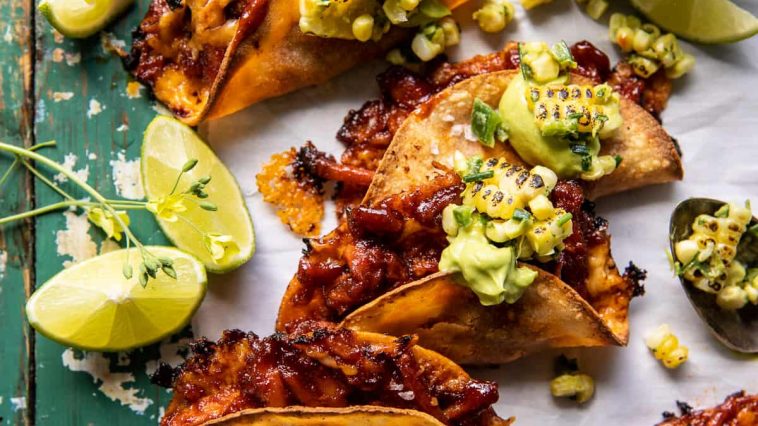 Crispy, Chipotle BBQ Chicken Tacos Topped With Creamy Char Grilled Corn Salsa